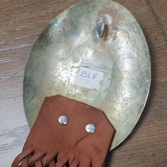 Handmade Vintage Brown Woven Leather Silver/Brass Studded Stone Belt Buckle, Lar - Picture 6 of 7